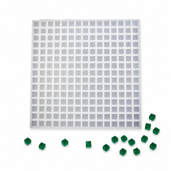 3.4mL Cube Gummy Mold - 225 Cavities with translucent emerald green cube gummies