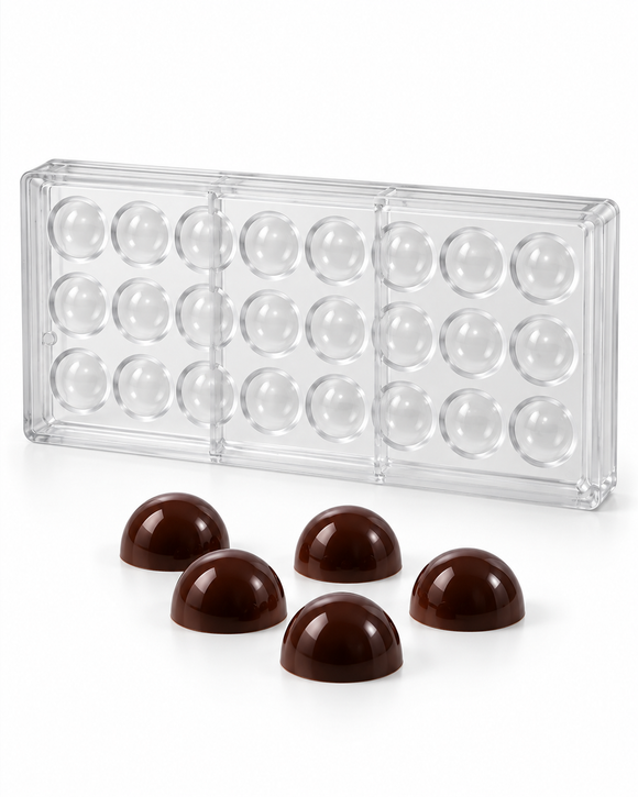 8g dome polycarbonate chocolate mold with 24 cavities and finished dome chocolates